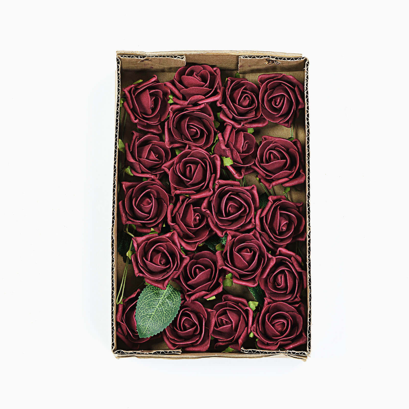 24 Roses 2" Burgundy Artificial Foam Flowers With Stem Wire and Leaves