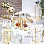 2-Pack Wedding Flower Stand Gold Metal Geometric Column Frame Rectangular - Versatile Floral Pedestal for Sophisticated Arrangements 16"
