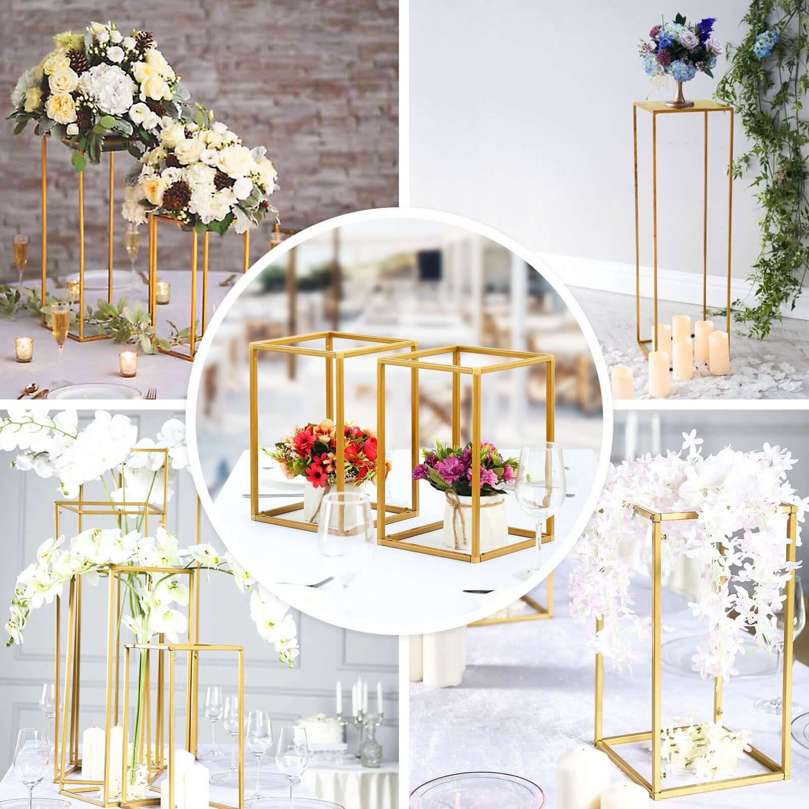2-Pack Wedding Flower Stand Gold Metal Geometric Column Frame Rectangular - Versatile Floral Pedestal for Sophisticated Arrangements 16"