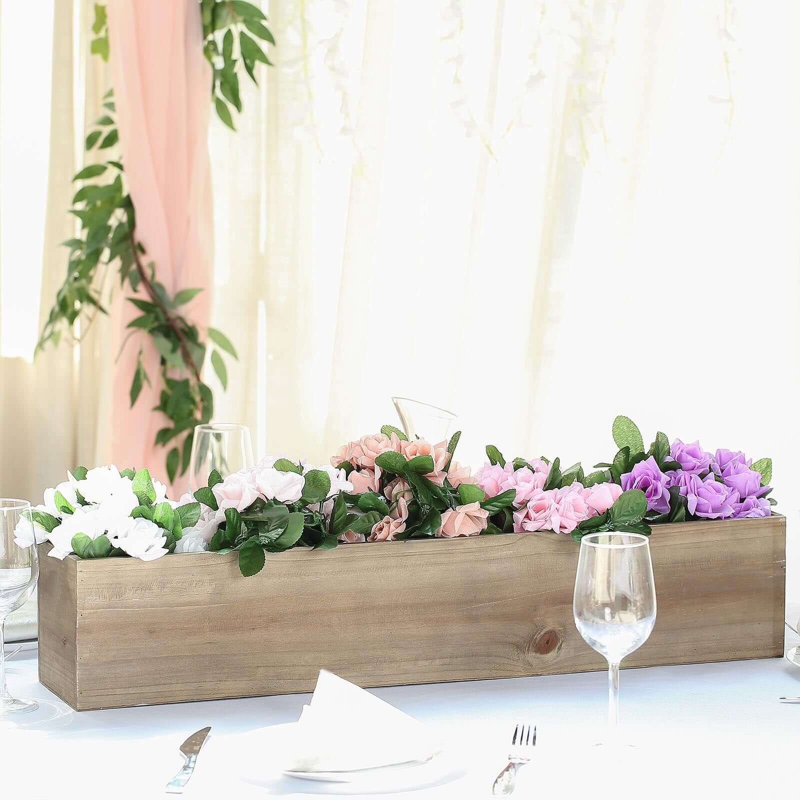 Natural Wood Planter Rectangular Box 30"x6"- Durable Decor with Removable Plastic Liner for Tables