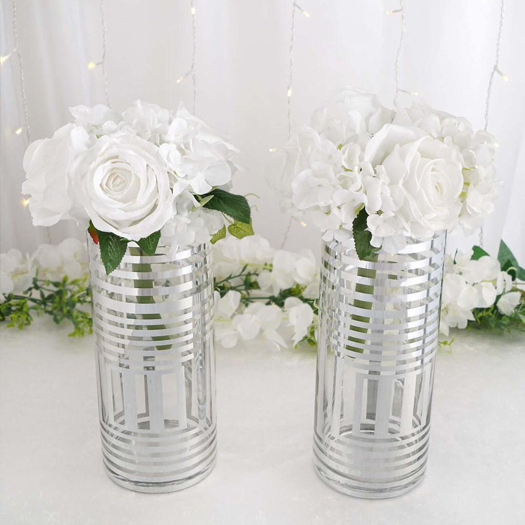 2-Pack Glass Cylinder Vases Silver Striped - Sophisticated Flower Centerpieces for Events 11"