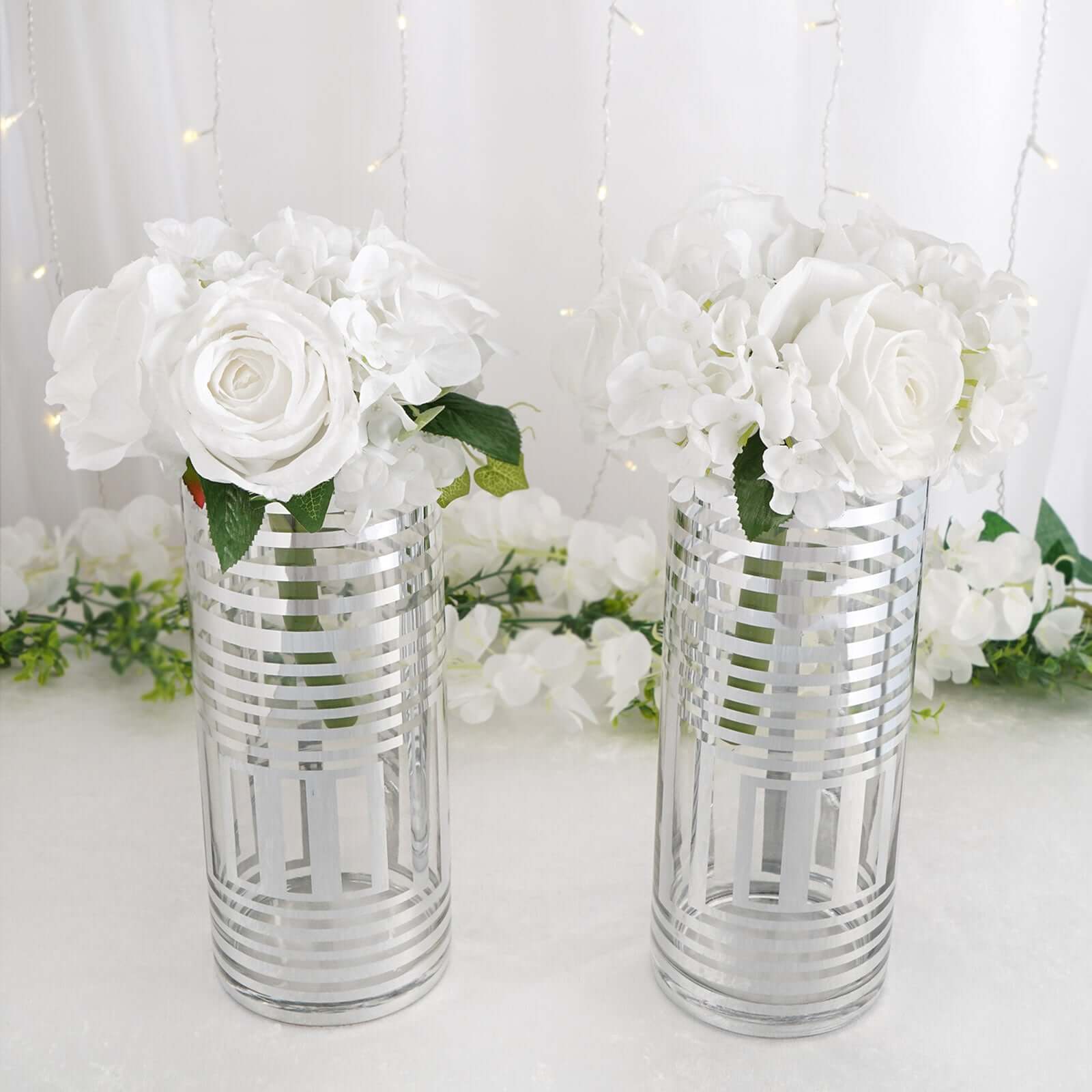 2-Pack Glass Cylinder Vases Silver Striped - Sophisticated Flower Centerpieces for Events 11"