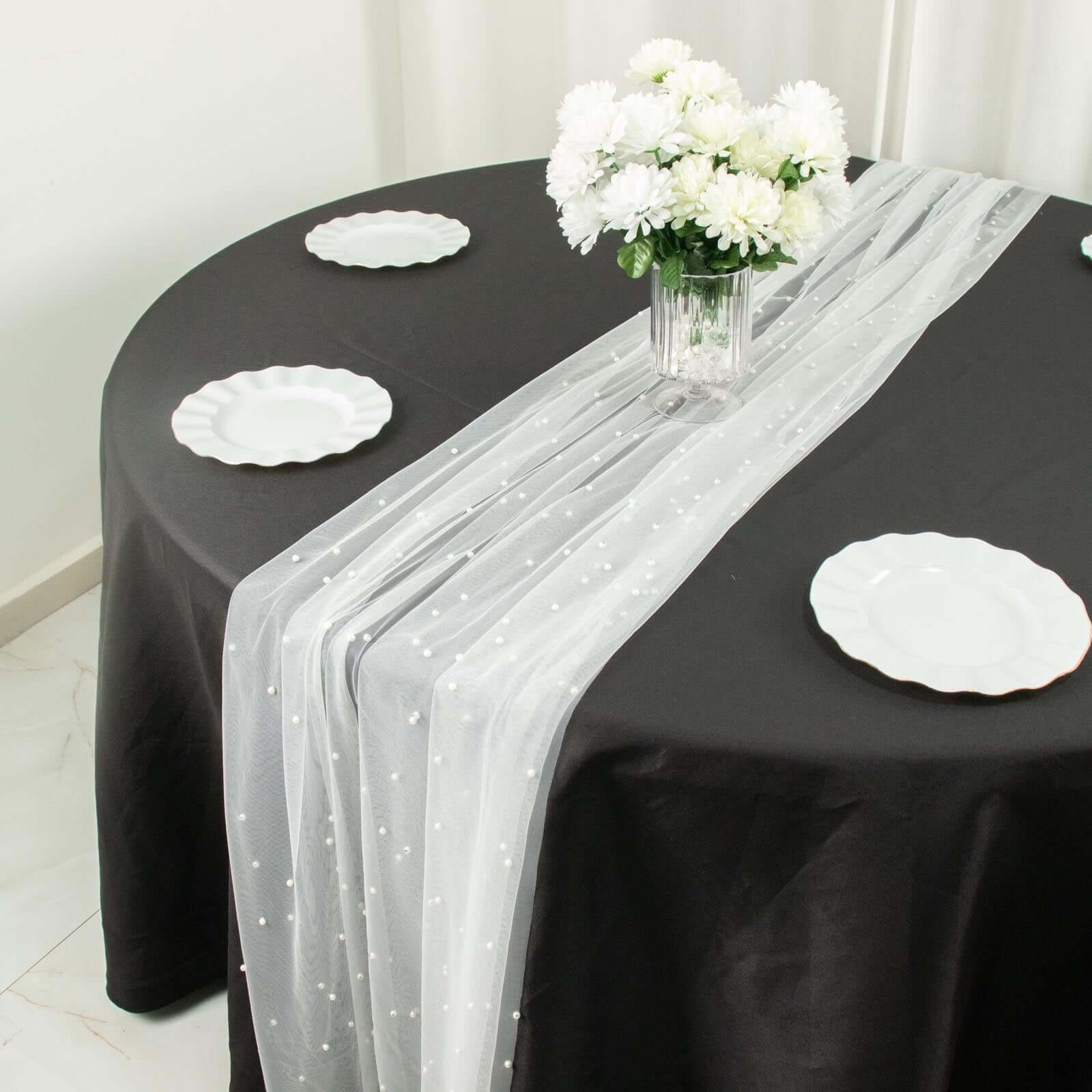 Sheer Tulle 48"x120" Table Runner White Pearl Embellished - Stylish Wedding & Event Table Linen