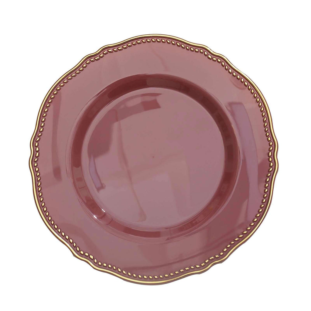 10-Pack Plastic 10" Dinner Plates in Cinnamon Rose with Gold Scalloped Rim - Disposable Large Party Plates