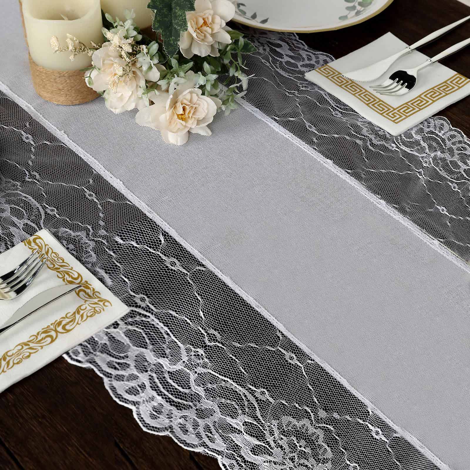 Faux Burlap Jute 16"x108" Table Runner White With Lace Edging - Rustic Farmhouse Table Linen