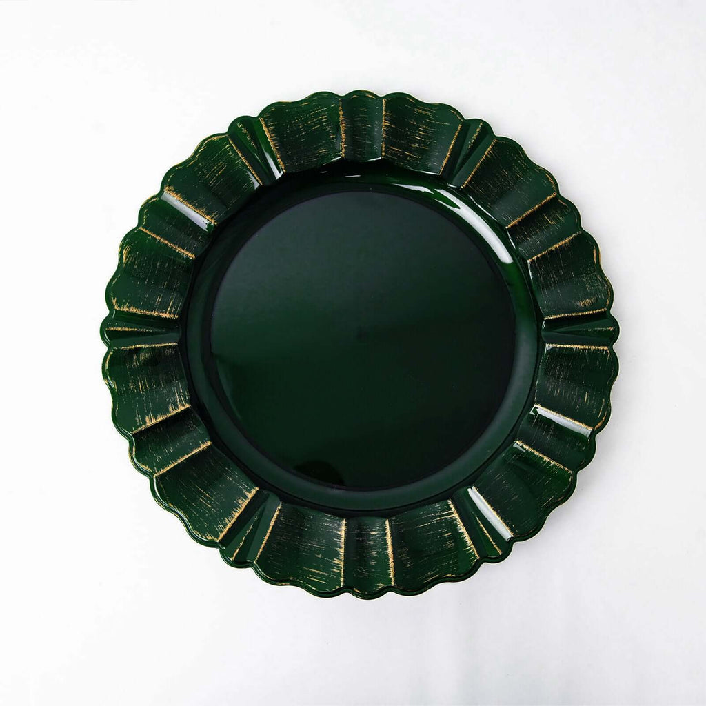 6-Pack Acrylic Plastic Round Charger Plates 13" in Hunter Emerald Green with Gold Brushed Wavy Scalloped Rim