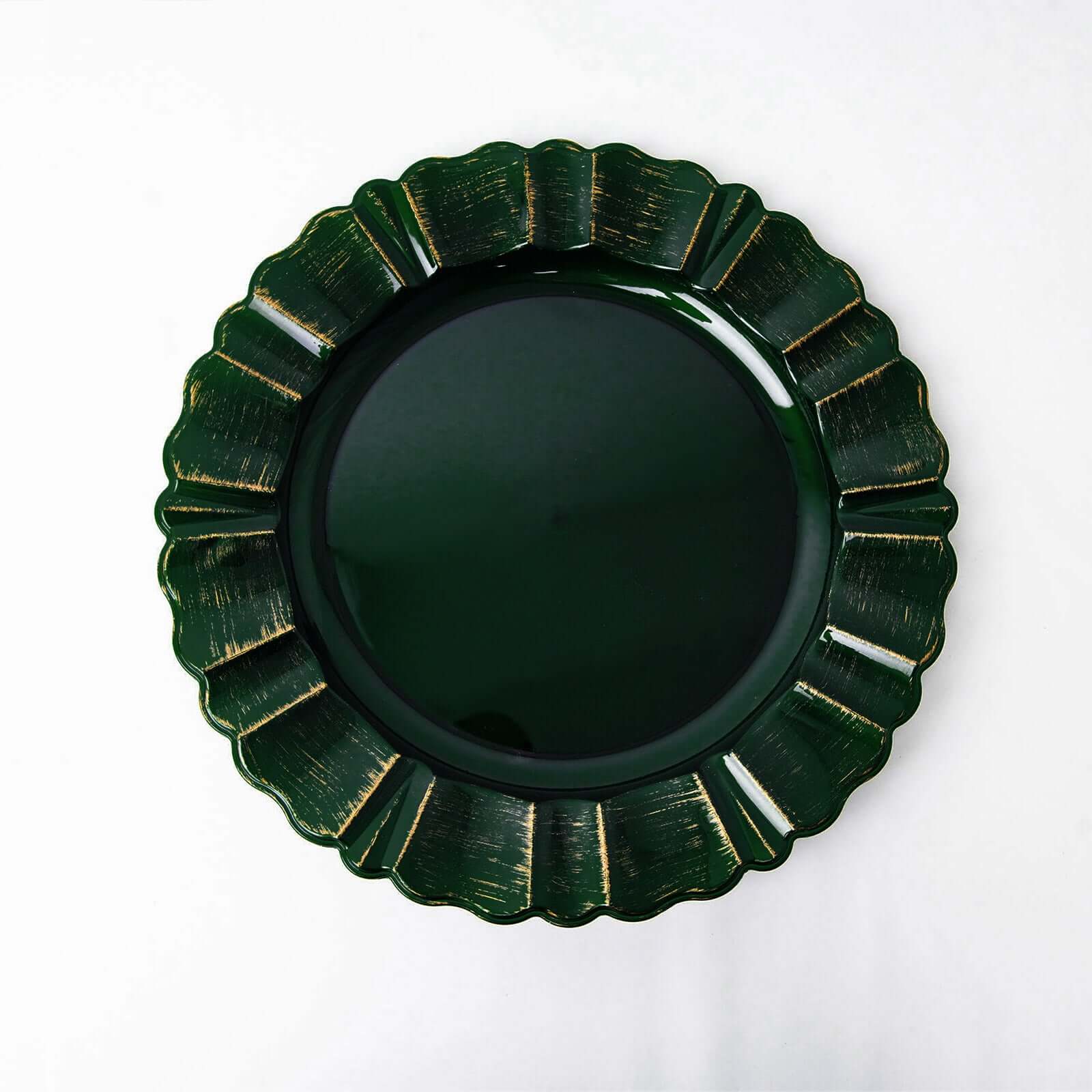 6-Pack Acrylic Plastic Round Charger Plates 13" in Hunter Emerald Green with Gold Brushed Wavy Scalloped Rim