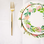 25-Pack Paper 9" Round Dinner Plates in White with Rose/Peony Flower Wreath - Disposable Party Plates for Bridal Showers & Garden Parties