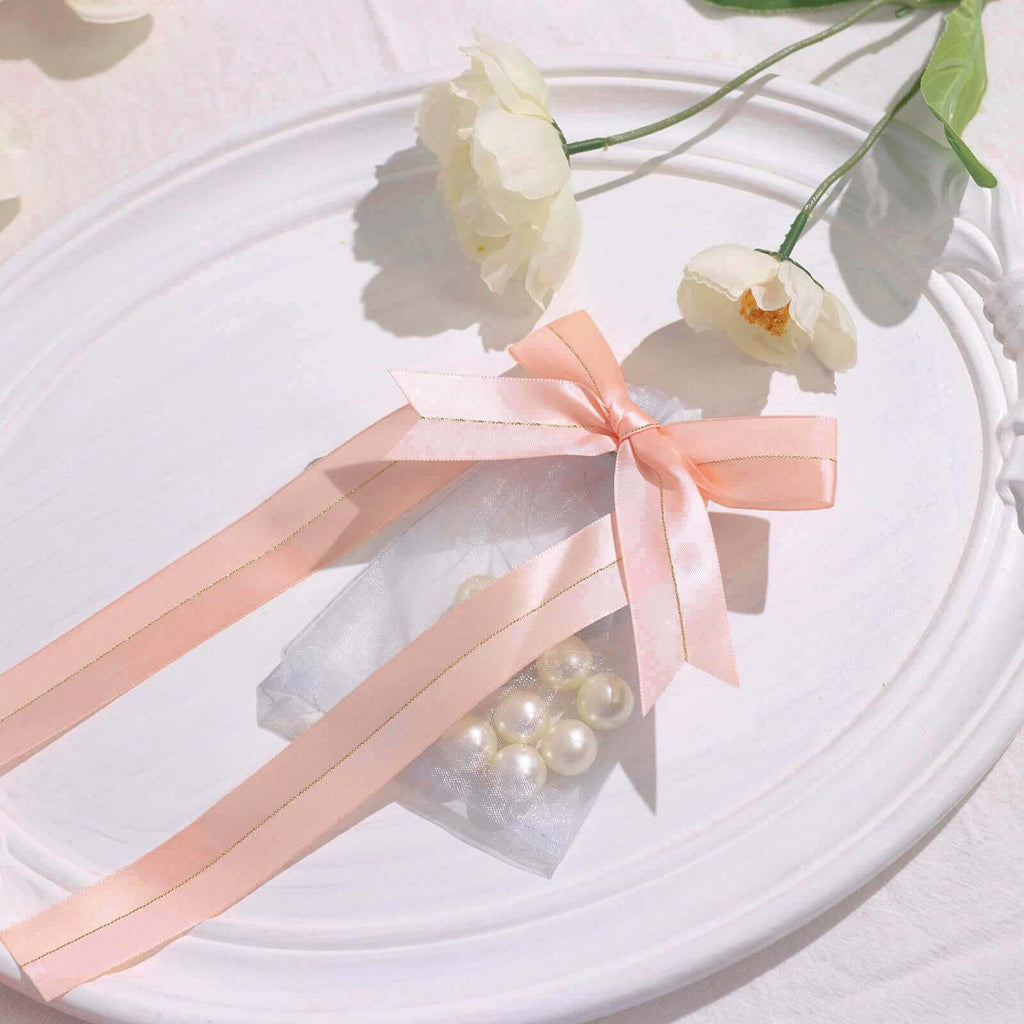 50 PCs 10" Blush Pre Tied Ribbon Bows, Satin Ribbon With Gold Foil Lining For Gift Basket and Party Favors Decor