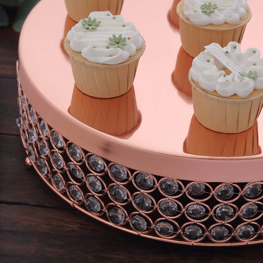 Metal Cake Stand Pedestal Crystal Beaded Design Rose Gold - Cupcake Display and Dessert Riser 14"
