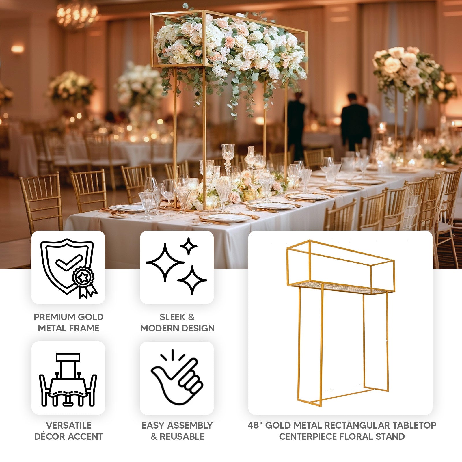 Floral Display Rack Heavy Duty Design Metal Gold - Rectangular Tall Centerpiece Stand 48" - Bell Racket Store