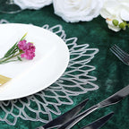 6-Pack Dining Table Mats Floral Design Silver - Metallic Vinyl Round Non-Slip Mats for Tables 15"