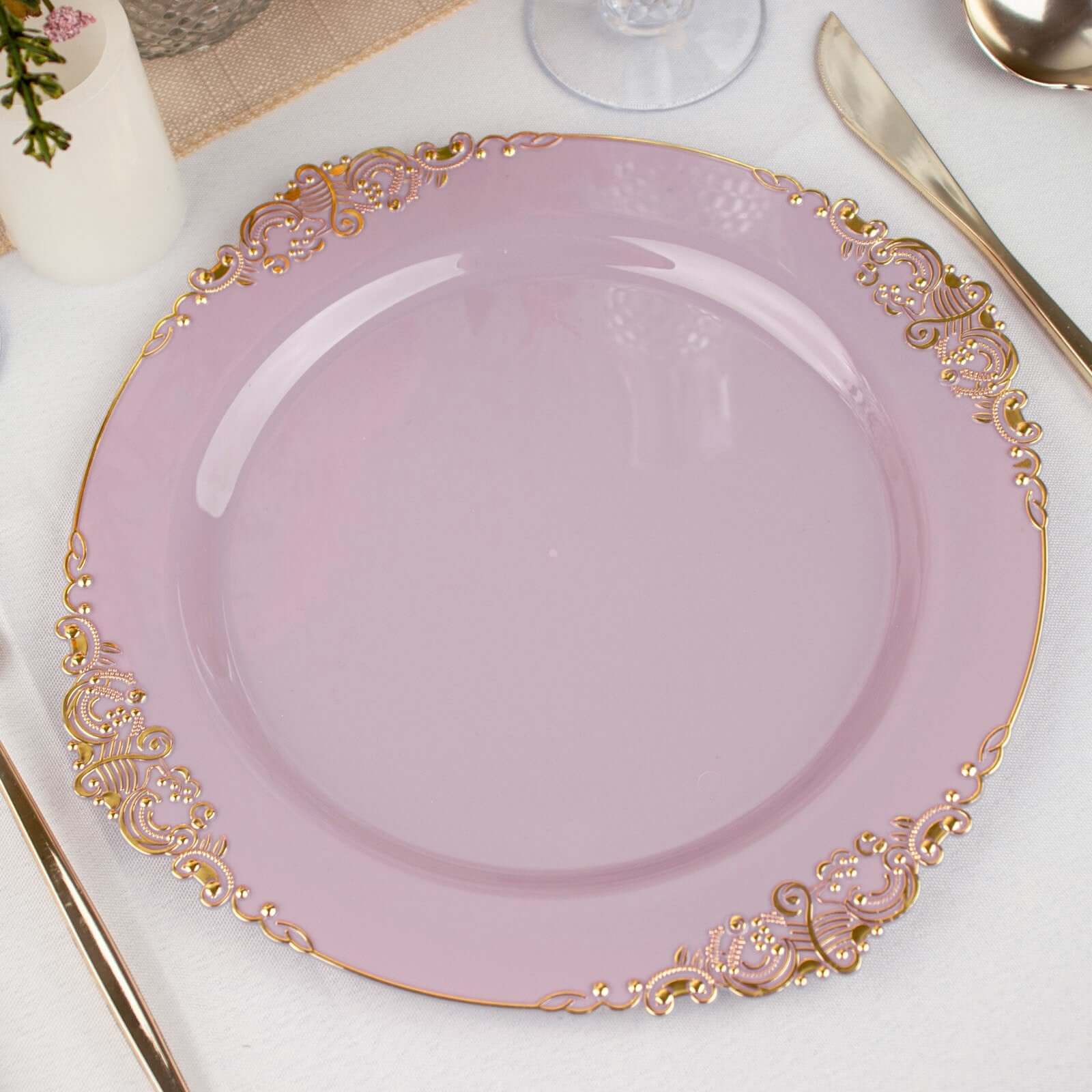 10-Pack Plastic 10" Round Dinner Plates in Lavender Lilac with Gold Leaf Embossed Rim - Disposable Vintage Baroque Style Plates