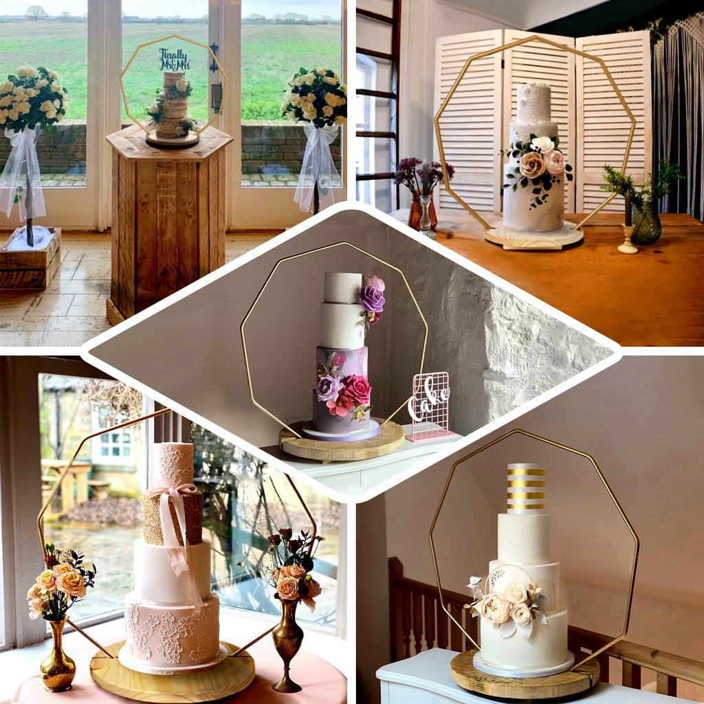 Metal Nonagon Floral Hoop Cake Stand Gold - Chic Geometric Dessert Display DIY Centerpiece Table Decoration With Wooden Base 22"