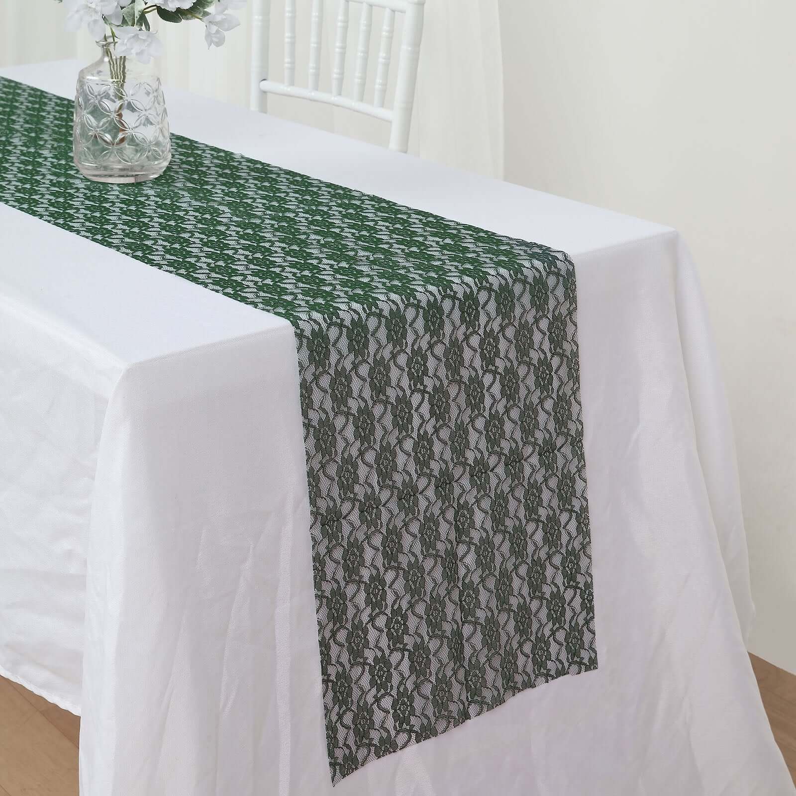 Floral Lace 12"x108" Table Runner Hunter Emerald Green - Stylish Vintage Table Decor - Bell Racket Store