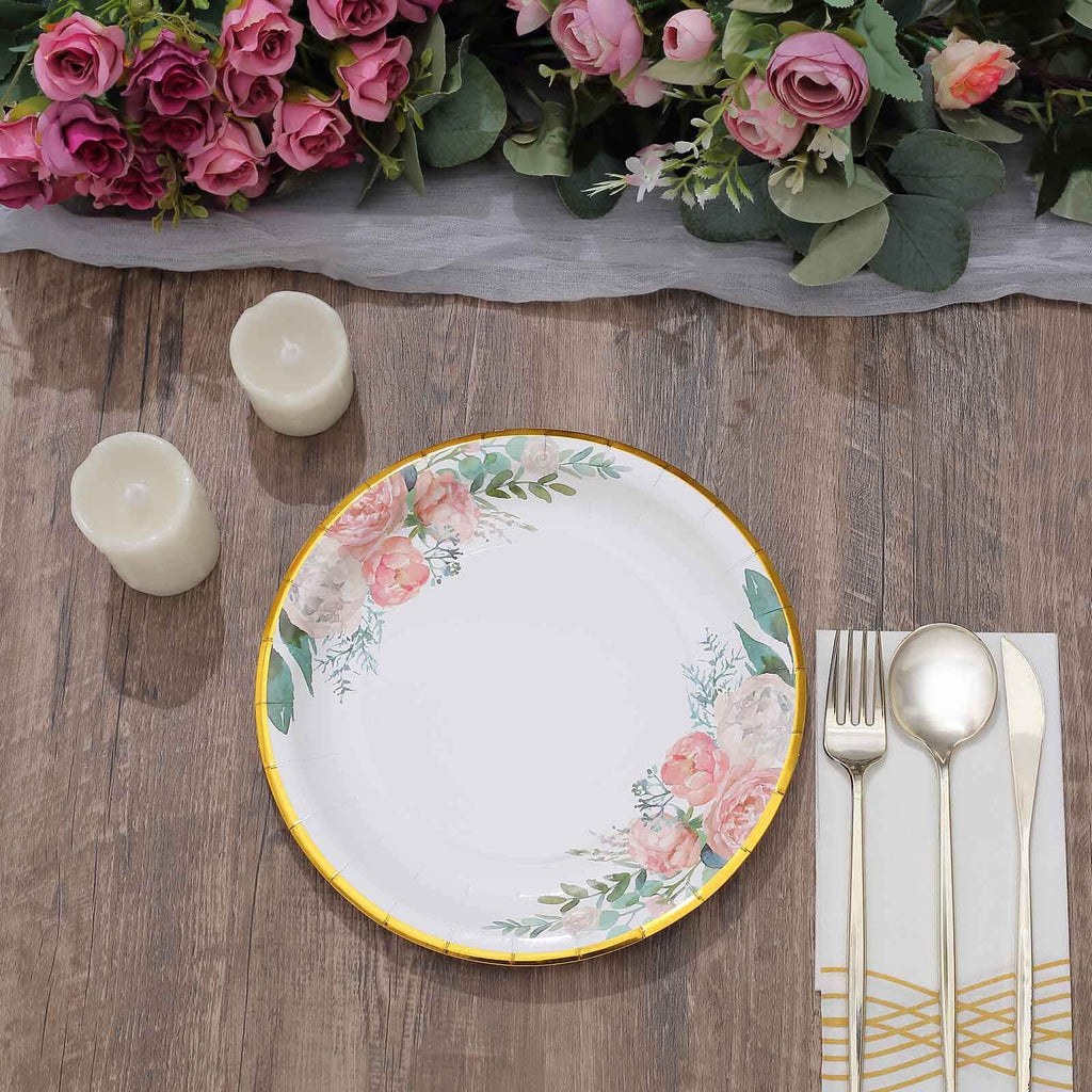 25-Pack Paper 9" Round Dinner Plates White with Peony Floral Design & Gold Rim - Disposable Floral Party Plates for Brunches & Afternoon Teas