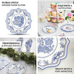 25-Pack Paper Dessert Plates in White with Light Blue Damask Floral Print & Scallop Rim - Stylish Disposable 300GSM Floral Salad Appetizer Plates 8"