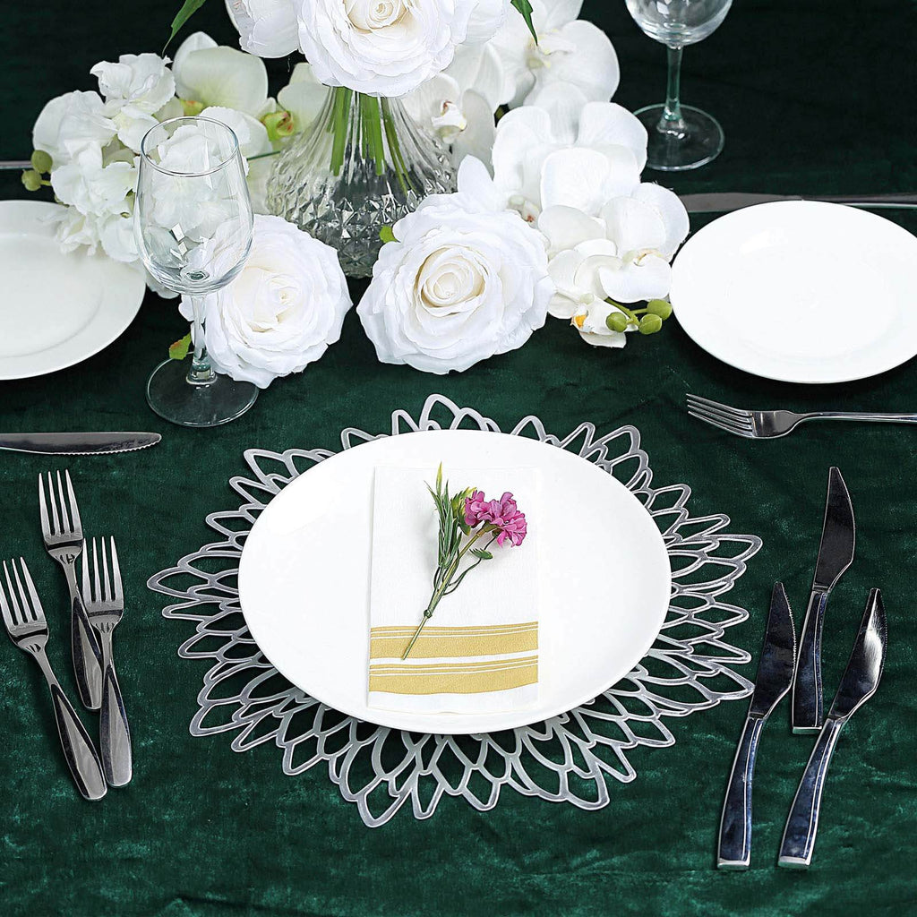 6-Pack Dining Table Mats Floral Design Silver - Metallic Vinyl Round Non-Slip Mats for Tables 15"