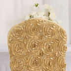Satin Rosette Chair Cover for Banquet Chairs Champagne - Stretch Fitted Slip-On Slipcover