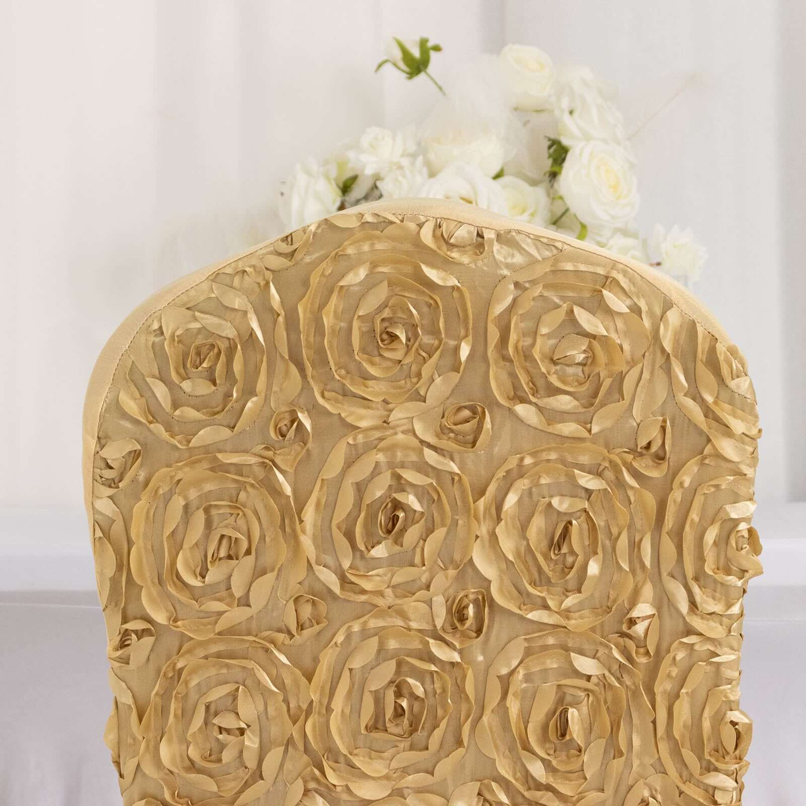 Satin Rosette Chair Cover for Banquet Chairs Champagne - Stretch Fitted Slip-On Slipcover