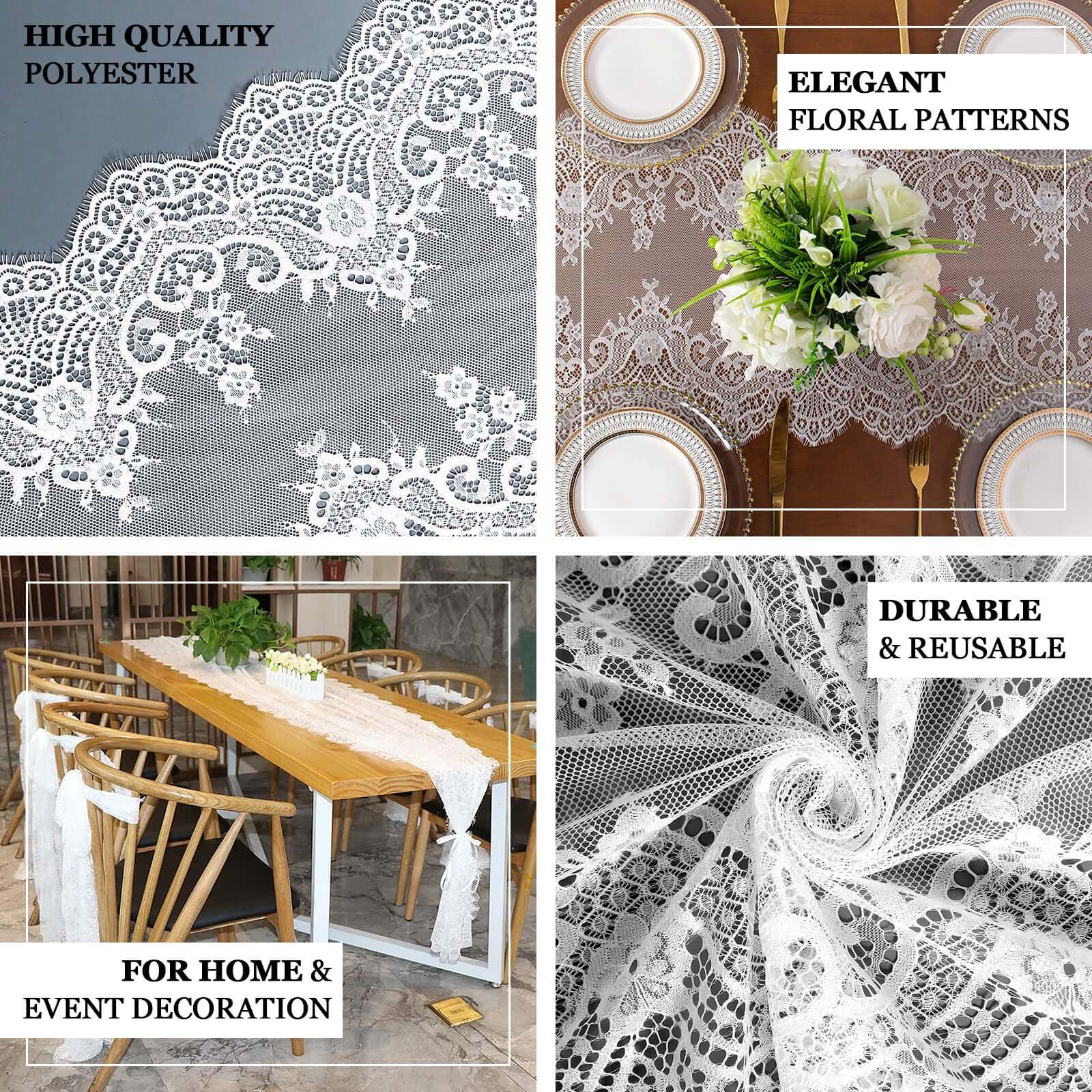 Premium Lace Fabric 15"x117" Table Runner White with Scalloped Frill Edges - Vintage Classic Table Decor