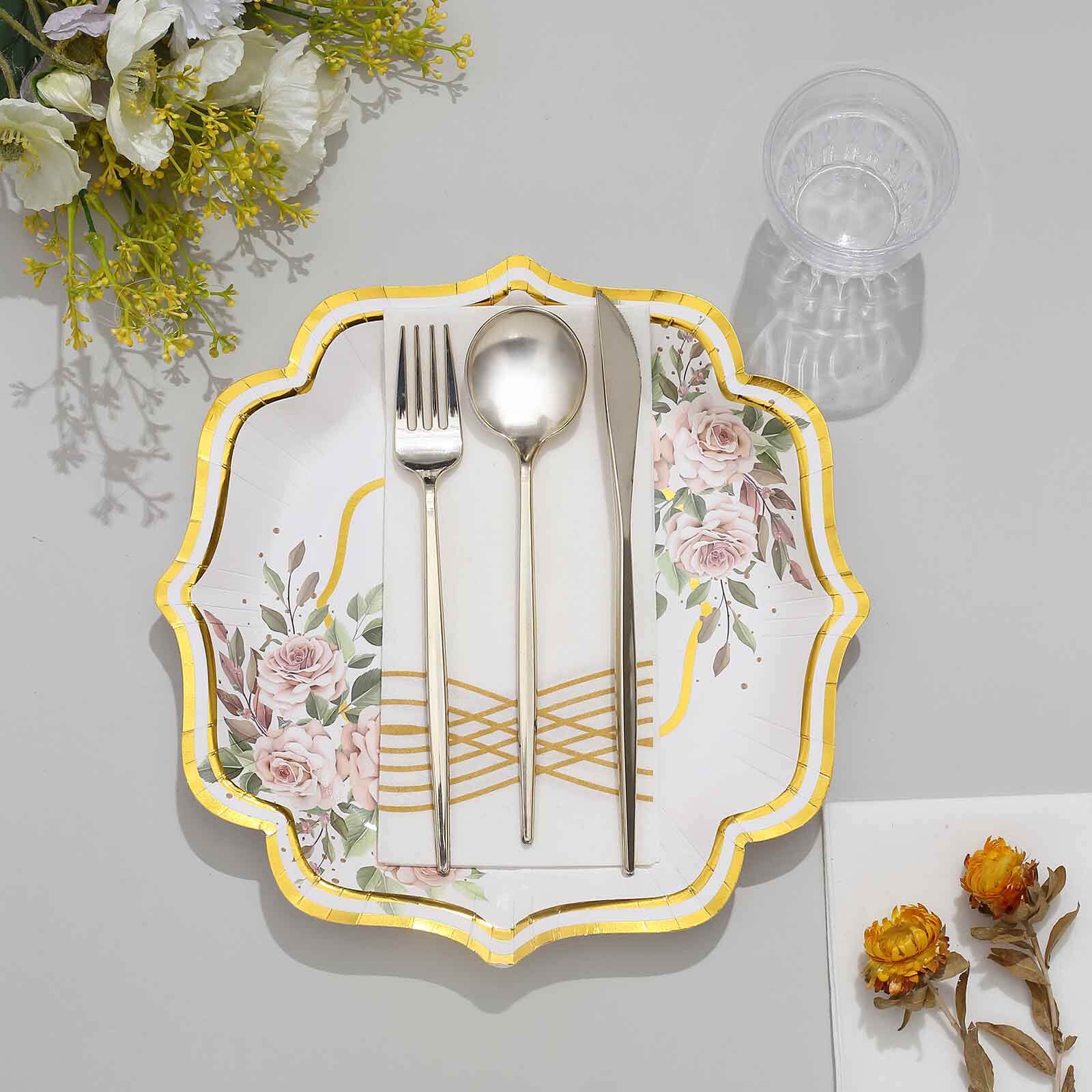 25-Pack Paper 10" Dinner Plates in White with Floral Print & Gold Scallop Rim - Disposable 300GSM Party Plates for Cocktail Events & Receptions