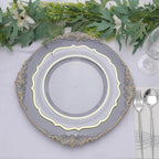 6-Pack Acrylic Round Charger Plates 13" in Charcoal Gray with Gold Embossed Baroque Rim, Antique Decorative Dinner Party Charger Tableware