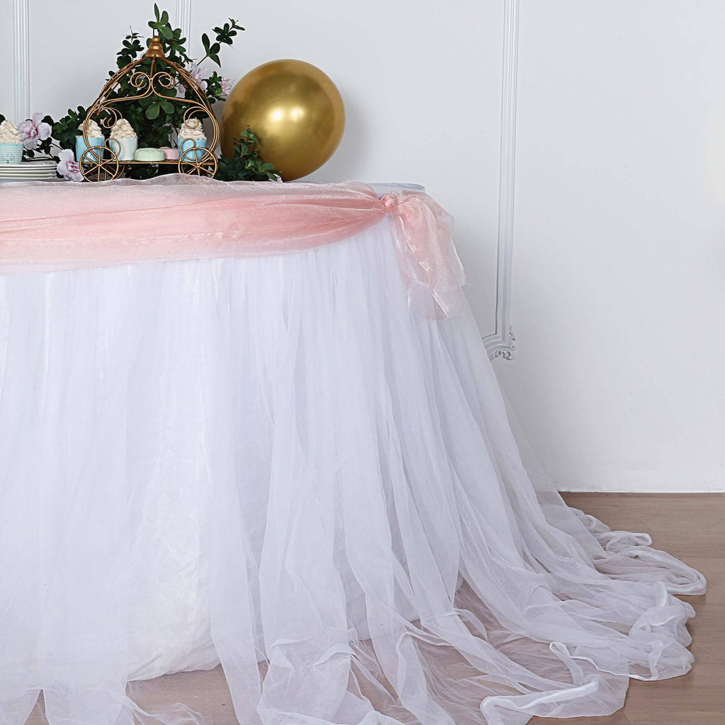 Extra Long Tulle 21ft Table Skirt White with Satin Edge - Table Cover for Baby Showers & Events