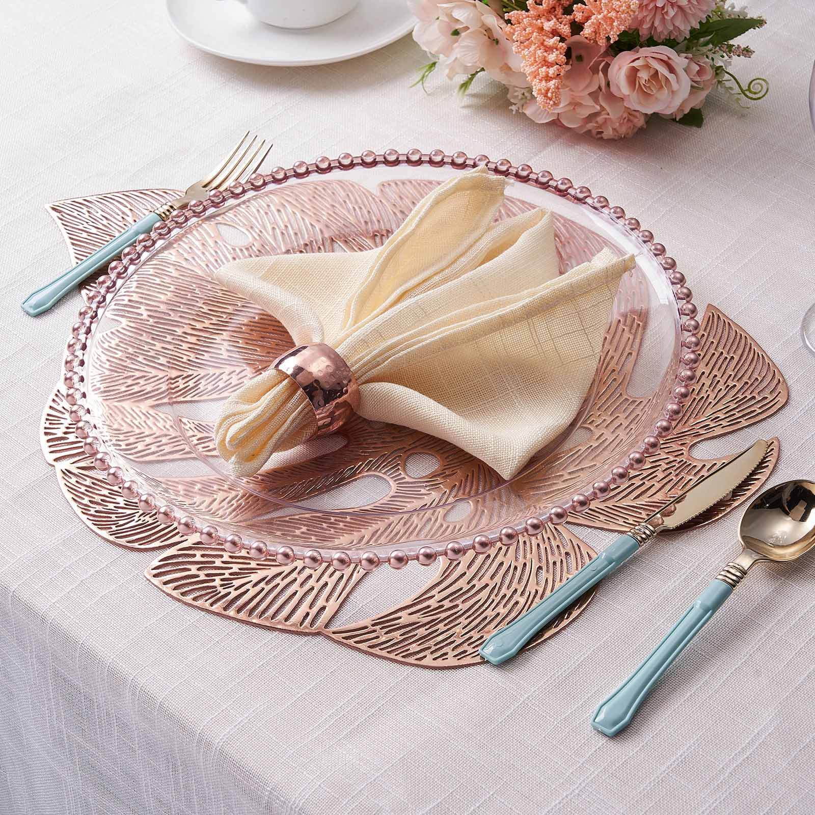 6-Pack Dining Table Mats Monstera Leaf Design Rose Gold - Vinyl Non-Slip Surface for Tropical Themes 18"