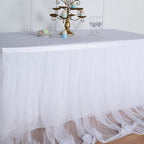 Extra Long Tulle 14ft Table Skirt White with Satin Edge - Table Cover for Baby Showers & Events