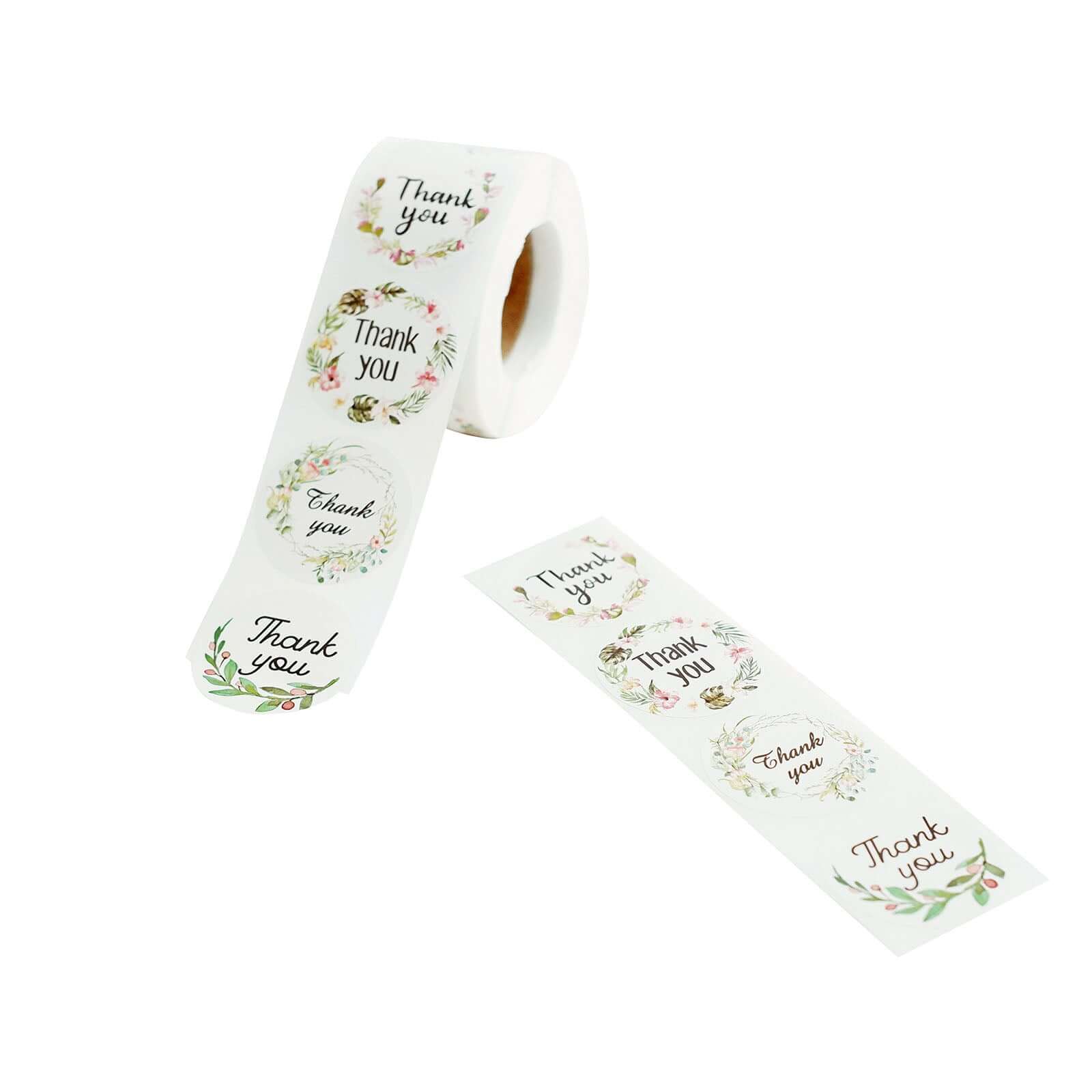 500Pcs 1.5" Thank You Black Print and Floral Design Stickers Roll, DIY Envelope Seal Labels - Round Assorted Designs