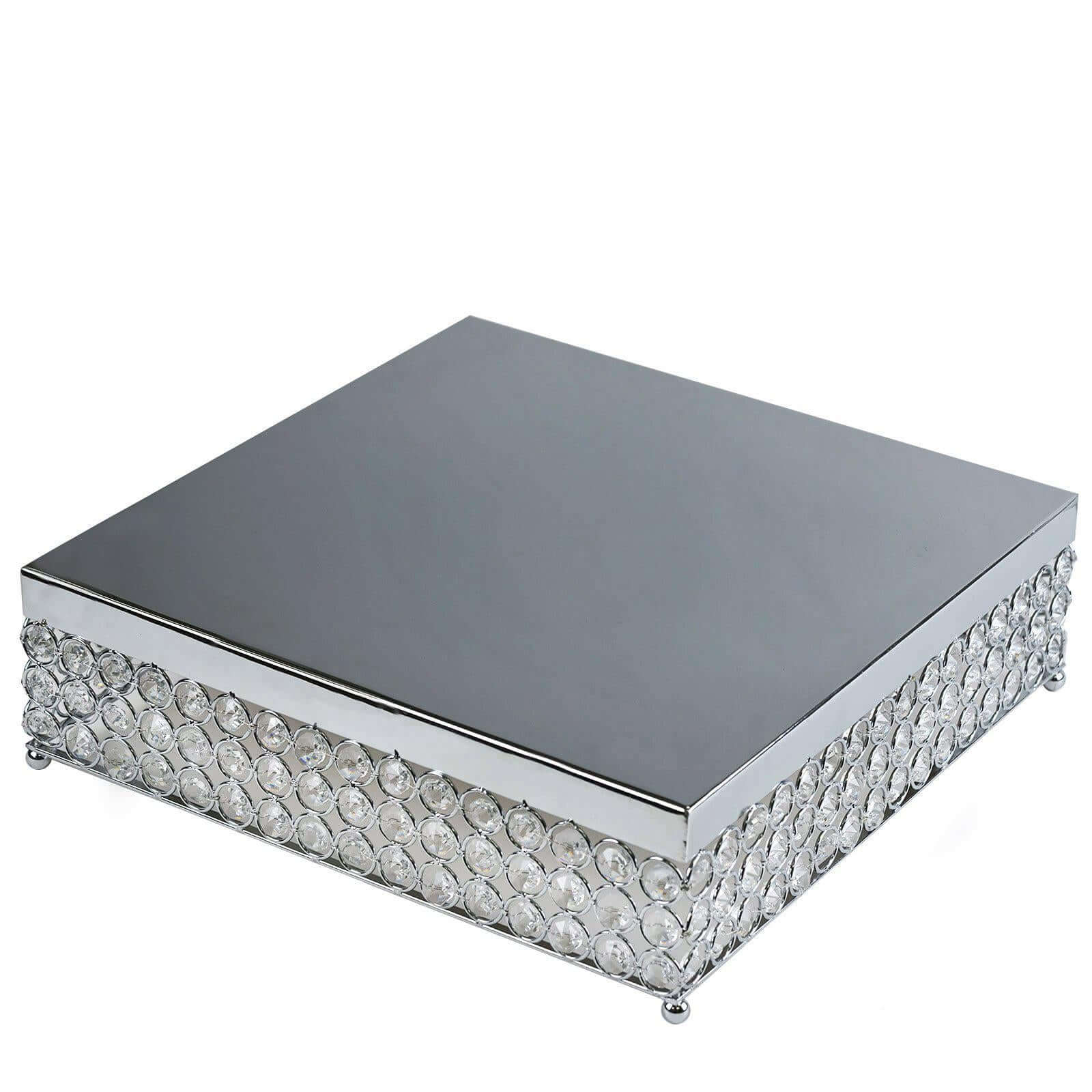 Metal Cake Stand Square Design with Crystal Beads Silver - Dessert Pedestal for Events 16"