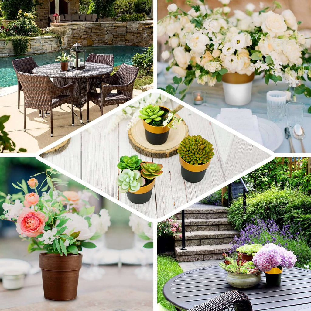 3-Pack Flower Plant Pots Small Design White with Gold Rim - Plastic Indoor Decorative Planters 3"