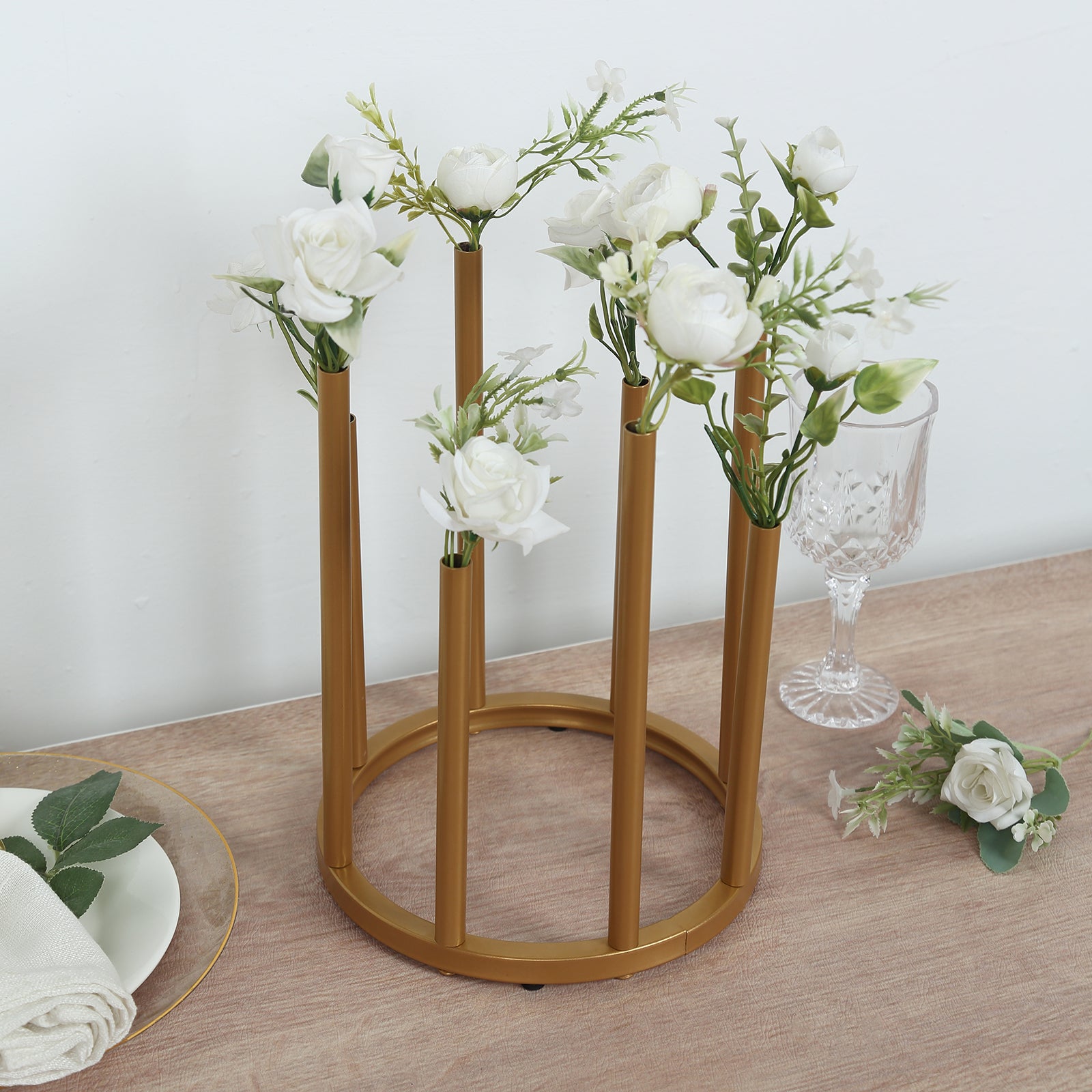 Flower Vase Gold Metal Minimalist 8 - Tubes Round Base Design - Single Stem Bud Centerpiece for Arrangements 10" - Bell Racket Store