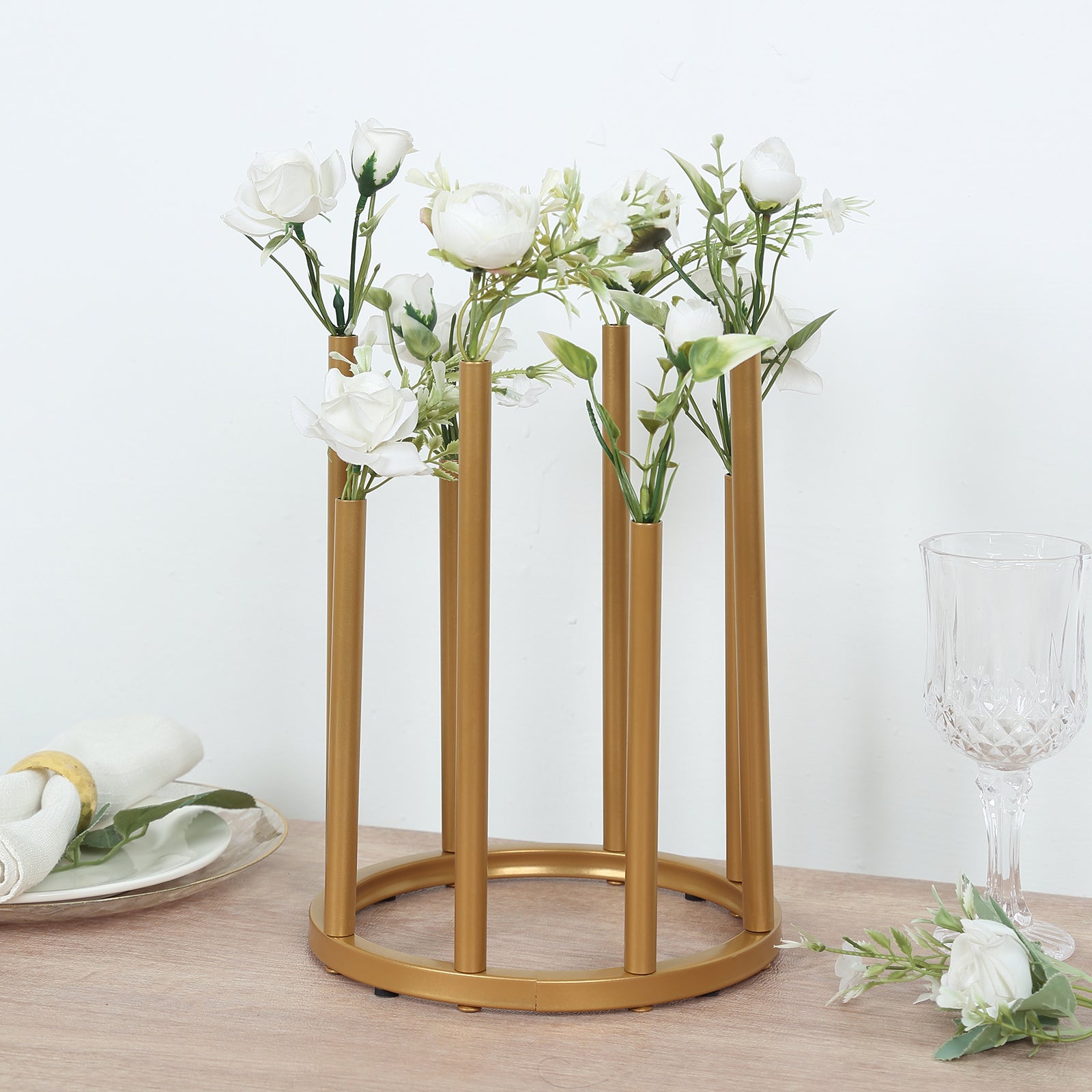 Flower Vase Gold Metal Minimalist 8 - Tubes Round Base Design - Single Stem Bud Centerpiece for Arrangements 10" - Bell Racket Store