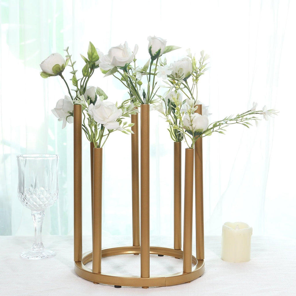 Flower Vase Gold Metal Minimalist 8 - Tubes Round Base Design - Single Stem Bud Centerpiece for Arrangements 10" - Bell Racket Store