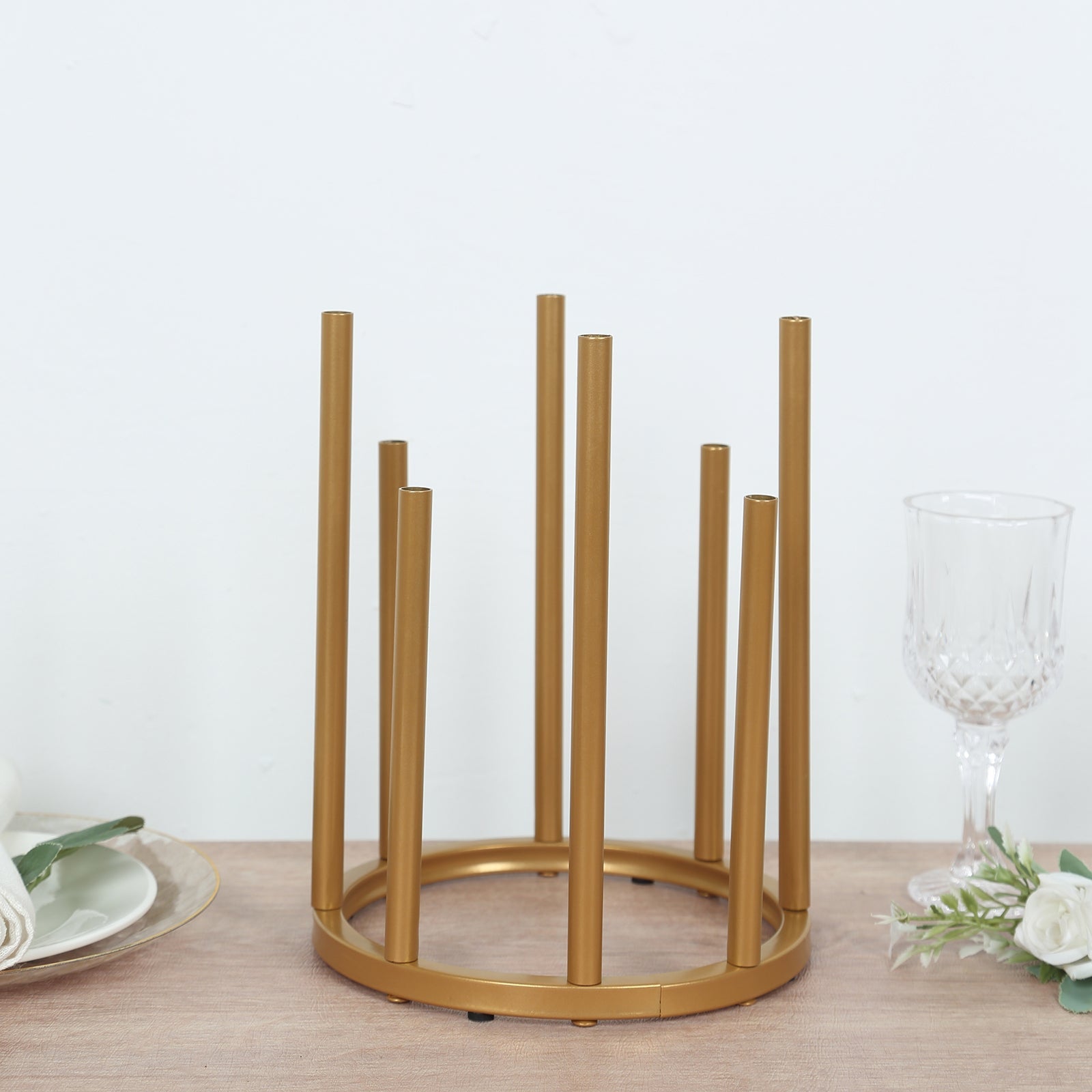 Flower Vase Gold Metal Minimalist 8 - Tubes Round Base Design - Single Stem Bud Centerpiece for Arrangements 10" - Bell Racket Store