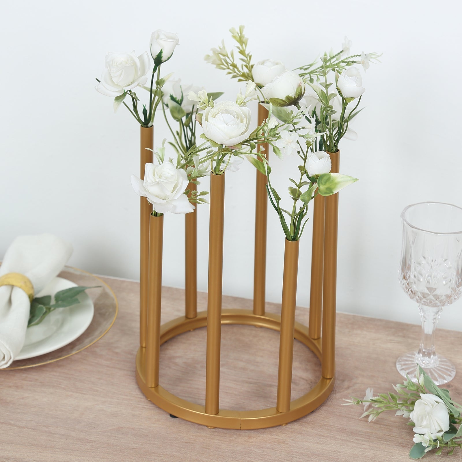Flower Vase Gold Metal Minimalist 8 - Tubes Round Base Design - Single Stem Bud Centerpiece for Arrangements 10" - Bell Racket Store