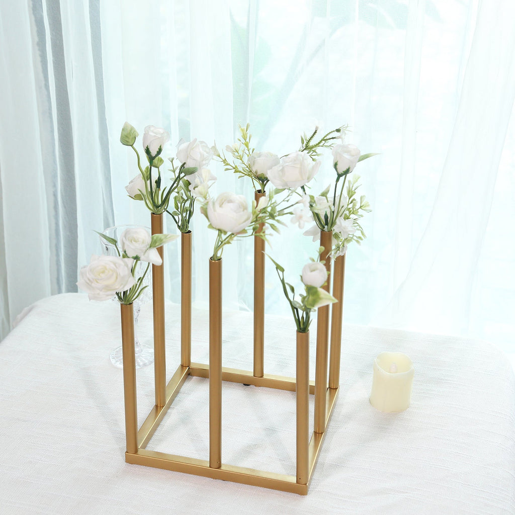 Flower Vase Gold Metal Minimalist 8 - Tubes Square Base Design - Single Stem Bud Centerpiece for Arrangements 10" - Bell Racket Store