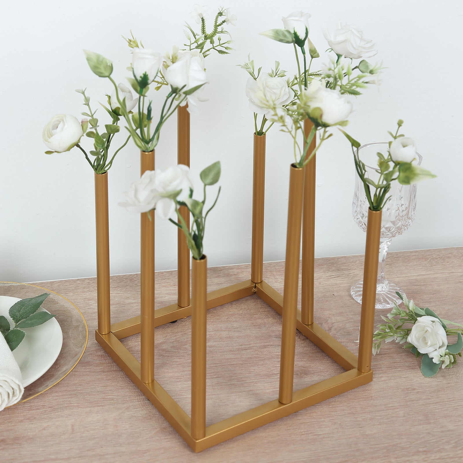Flower Vase Gold Metal Minimalist 8 - Tubes Square Base Design - Single Stem Bud Centerpiece for Arrangements 10" - Bell Racket Store
