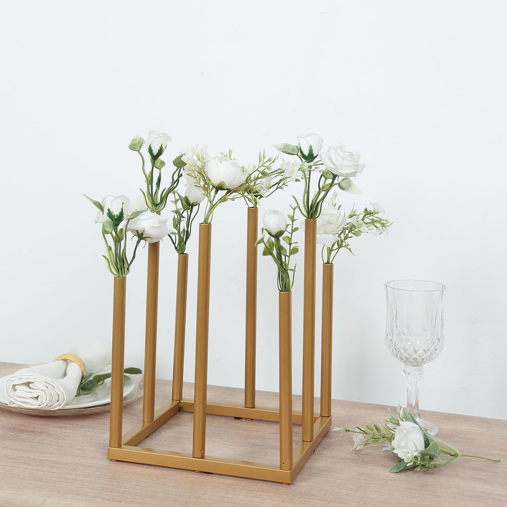 Flower Vase Gold Metal Minimalist 8 - Tubes Square Base Design - Single Stem Bud Centerpiece for Arrangements 10" - Bell Racket Store