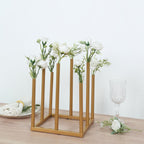 Flower Vase Gold Metal Minimalist 8 - Tubes Square Base Design - Single Stem Bud Centerpiece for Arrangements 10" - Bell Racket Store