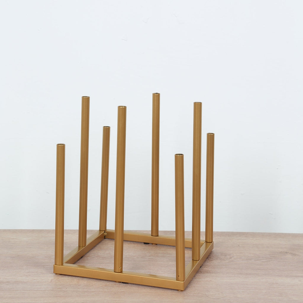 Flower Vase Gold Metal Minimalist 8 - Tubes Square Base Design - Single Stem Bud Centerpiece for Arrangements 10" - Bell Racket Store