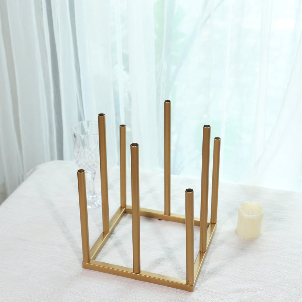 Flower Vase Gold Metal Minimalist 8 - Tubes Square Base Design - Single Stem Bud Centerpiece for Arrangements 10" - Bell Racket Store