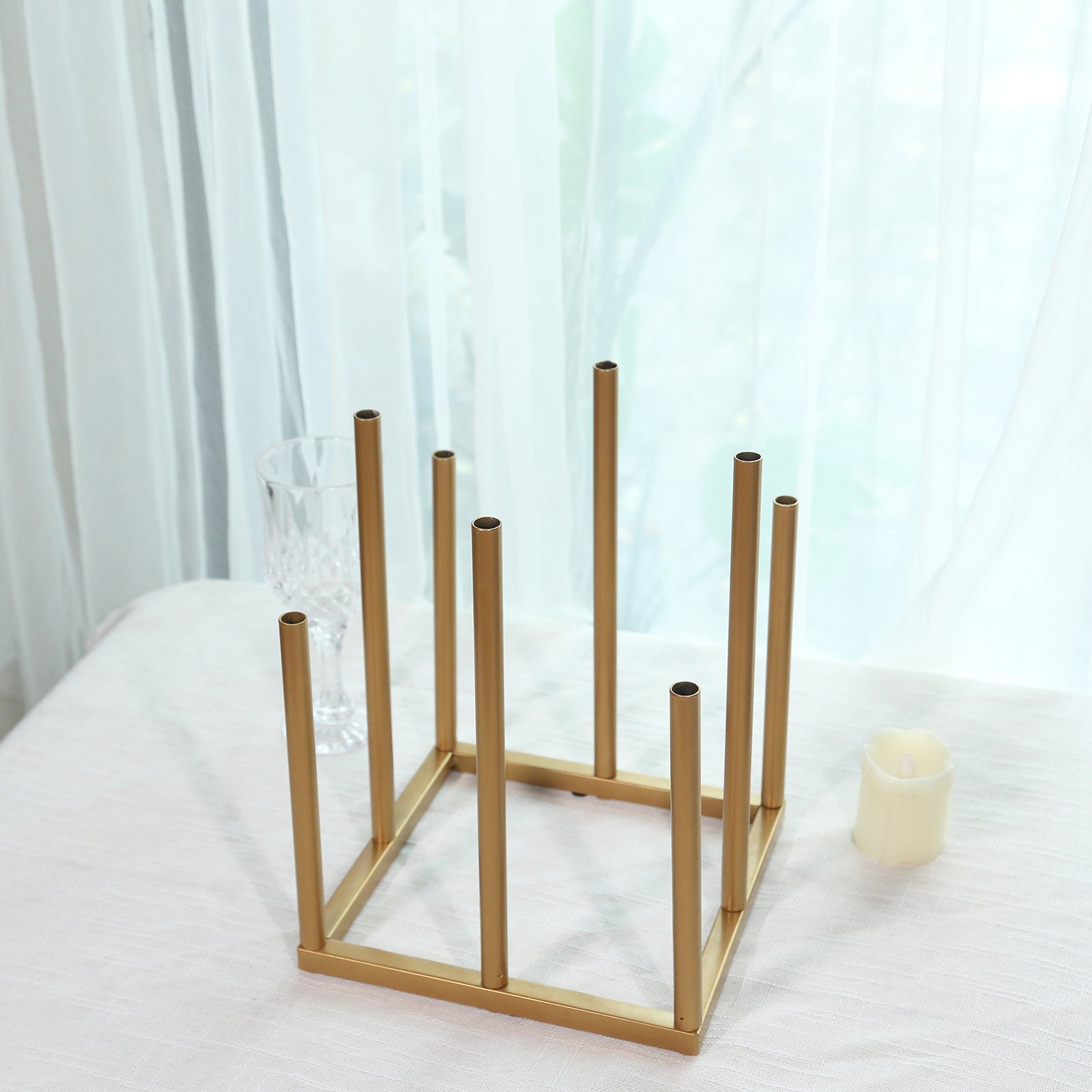Flower Vase Gold Metal Minimalist 8 - Tubes Square Base Design - Single Stem Bud Centerpiece for Arrangements 10" - Bell Racket Store