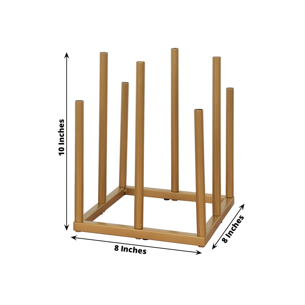 Flower Vase Gold Metal Minimalist 8 - Tubes Square Base Design - Single Stem Bud Centerpiece for Arrangements 10" - Bell Racket Store