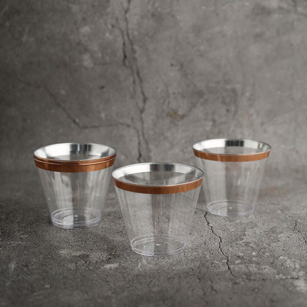 12-Pack Plastic Party Squat Cups Clear with Rose Gold Rim - Stylish Disposable Tumblers for Banquets & Special Occasions 10oz