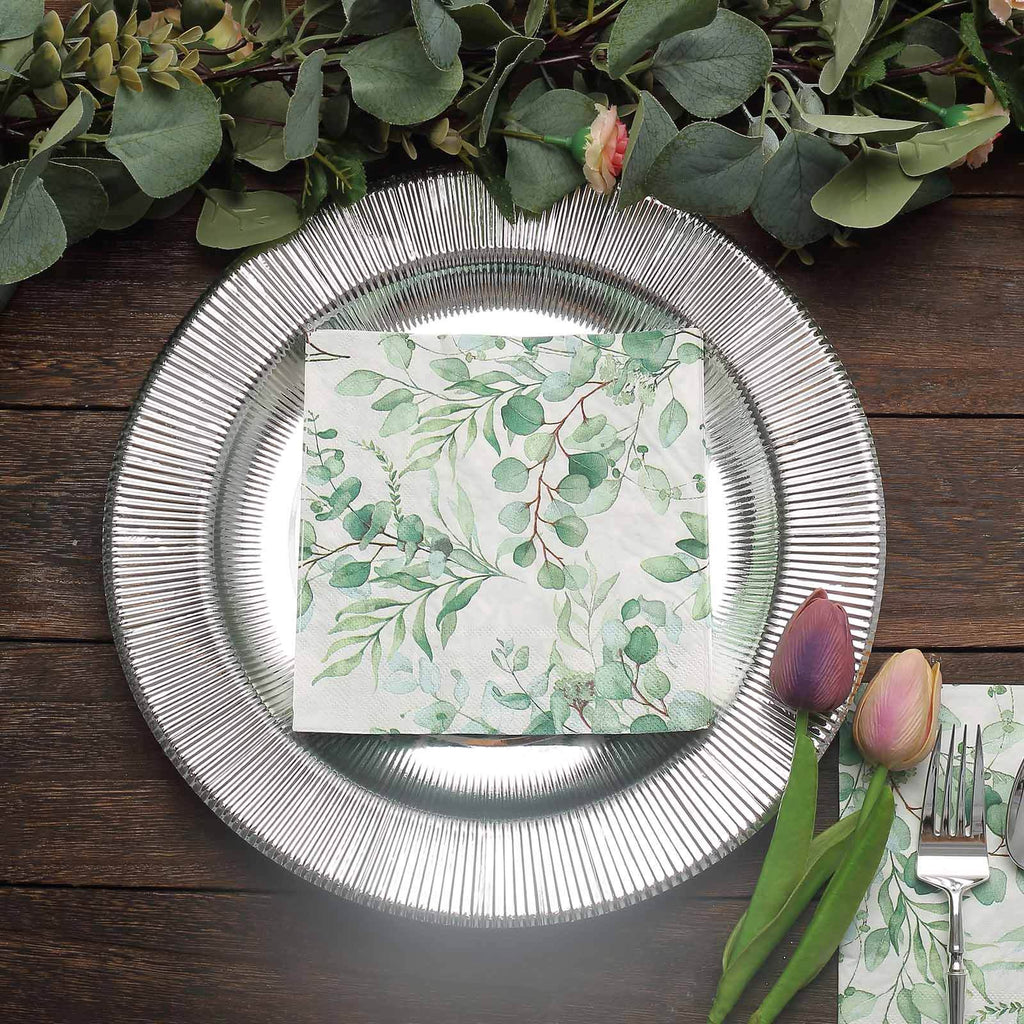 20-Pack Paper Beverage Napkins with Green Foliage Eucalyptus Leaves Design - 2 Ply Soft 18GSM Boho Wedding Napkins 6.5"x6.5"