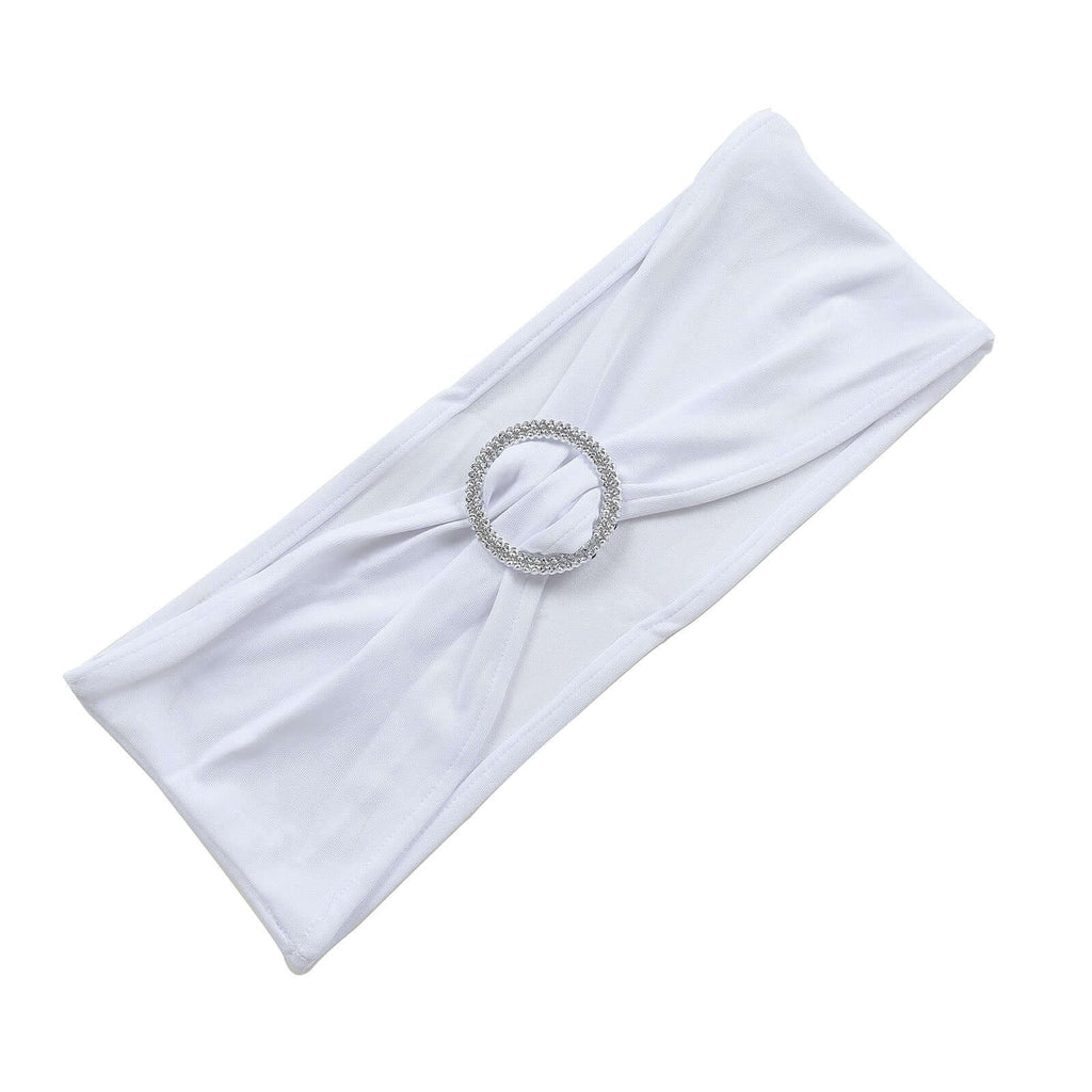 5 Pack Stretch Spandex Chair Sashes White - Classy Reusable Chair Bands with Silver Diamond Ring Slide Buckle 5"x14"
