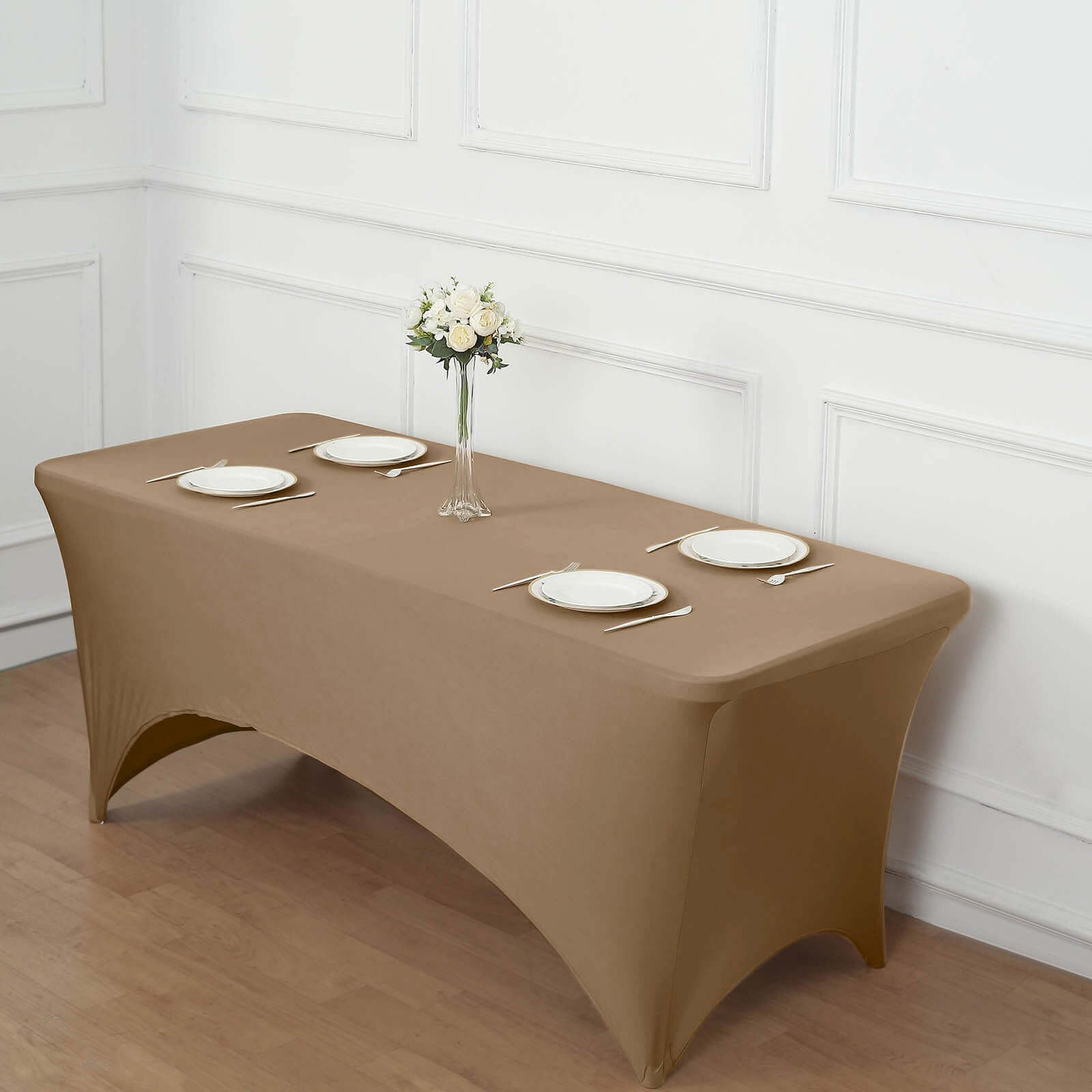Stretch Spandex 96"x30" Rectangle Table Cover Taupe - Durable Form-Fitting Tablecloth